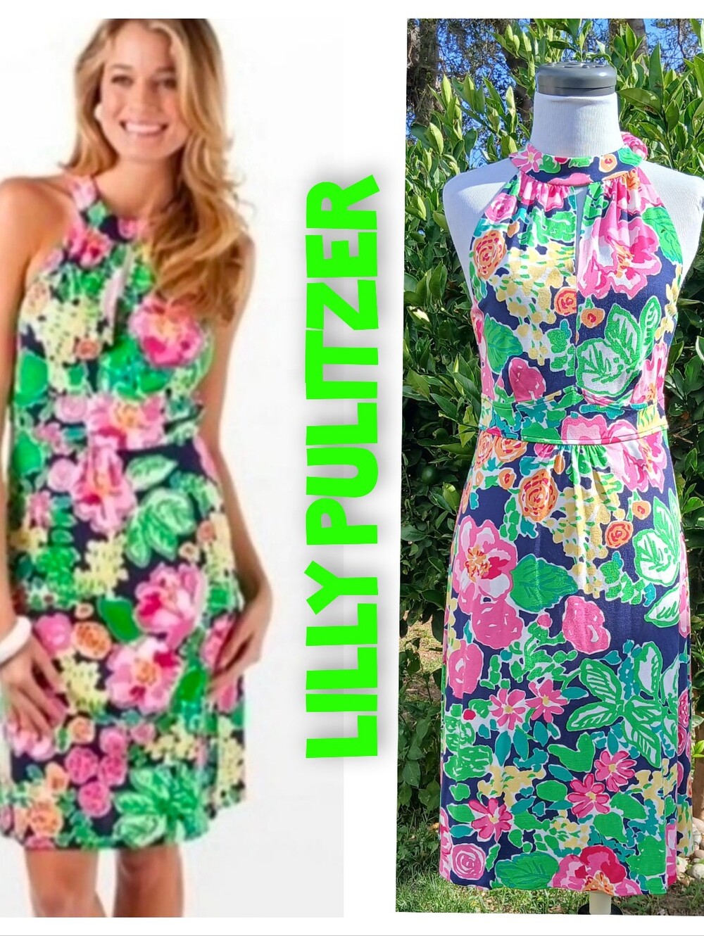 Lilly Pulitzer Navy Floral Halter Midi Dress with Pink & Green Blooms